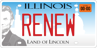 Illinois vanity license plate reading 'RENEW'